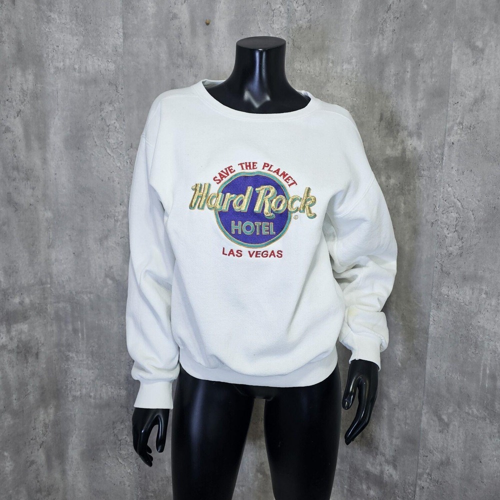 Vintage 90s Hard Rock Cafe Las Vegas Size‎ S White Pullover Crewneck Sweatshirt